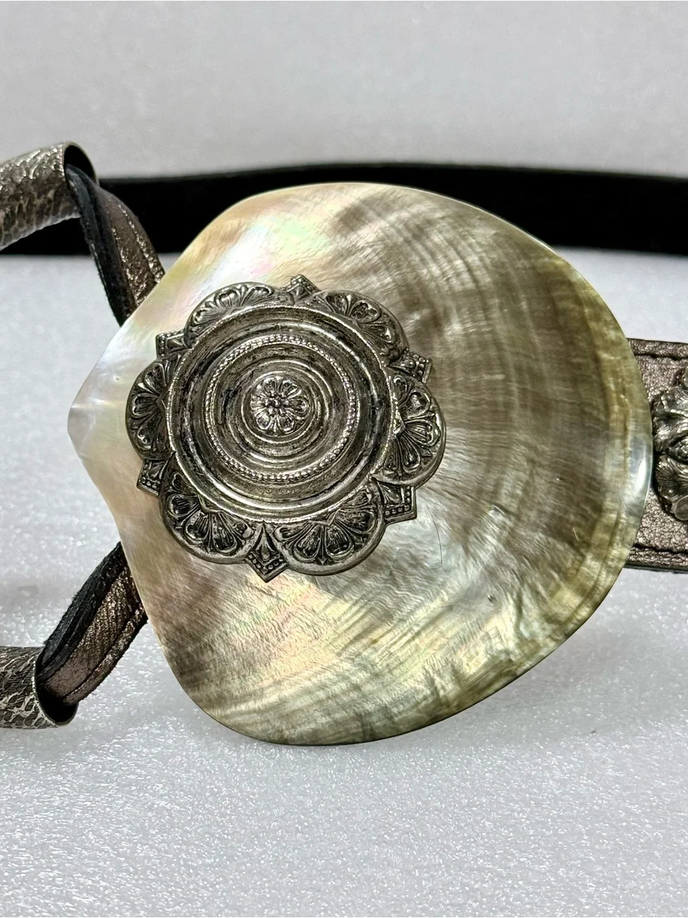 Vintage Artisan  Belt with Genuine Shell Buckle & Silver Metal Floral Conchos